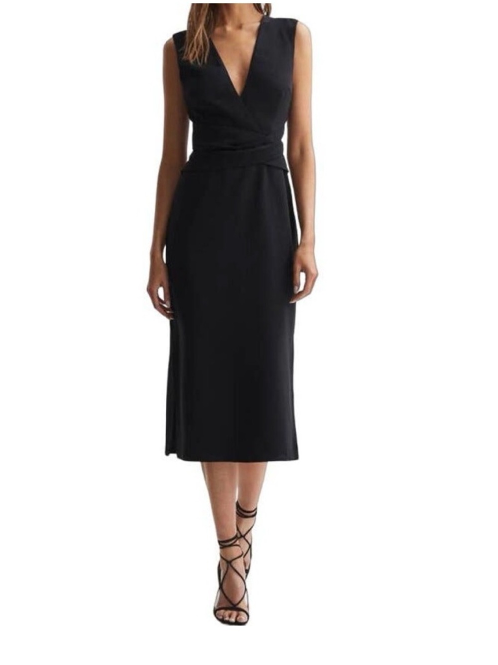 Reiss Dress Jayla Plunge Neck Fitted‎ Wrap Sheath Black Size 4